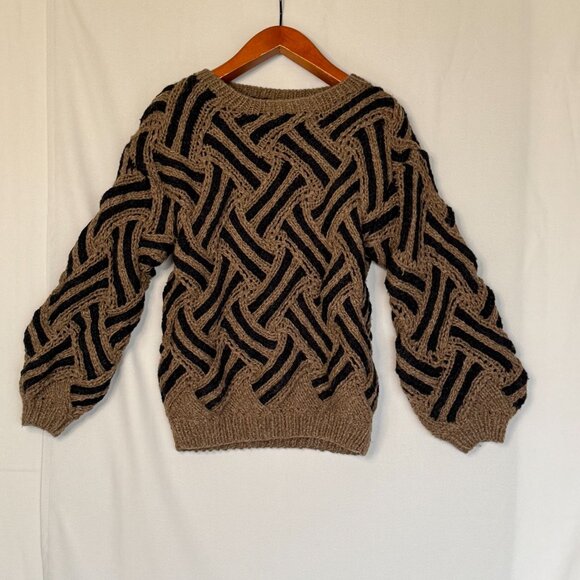 80s Vintage Saturdays Black Brown Twisted Chunky Knit Ballon Sleeve Sweater - Picture 1 of 10